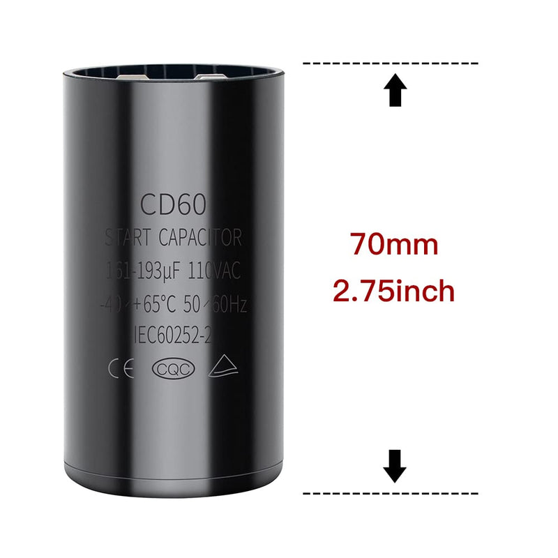 161-193 uf/MFD 110-125 VAC Round Start Capacitor ±20% 50/60 Hz CD60 Round Motor Well Pump Start Capacitor (161-193 uf/MFD) 161-193 uf/MFD