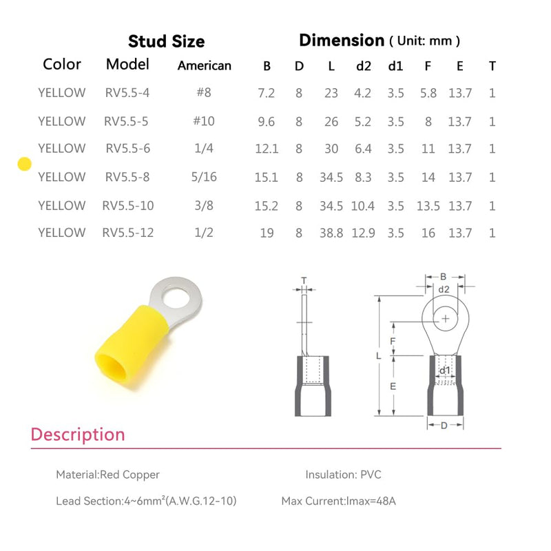 HKS 60PCS Insulated Ring Terminal 5/16" Yellow 12-10 AWG - M8 - Tinned Red Copper - Electrical Wire Connector Kit Crimp PVC 5/16"(M8)