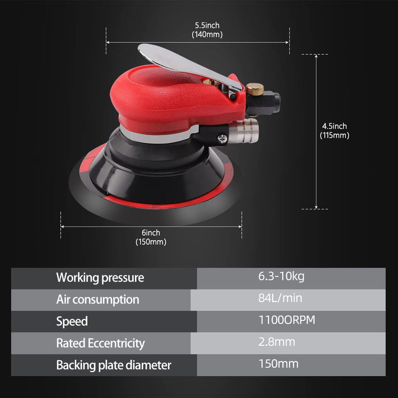 Random Orbital Sander 5" & 6" Pneumatic Palm Sander with Extra 5" Backing Plate, Sponge Polishing Pads, Sandpapers Low Vibration and Heavy Duty for Wood, Composites, Metal