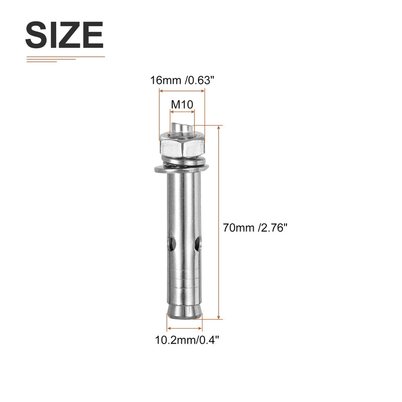 M10 x 70 Expansion Bolts - 4Pack- Good for Concrete Dry Brick Block Walls - 304 Stainless Steel - Silver M10 x 70 4