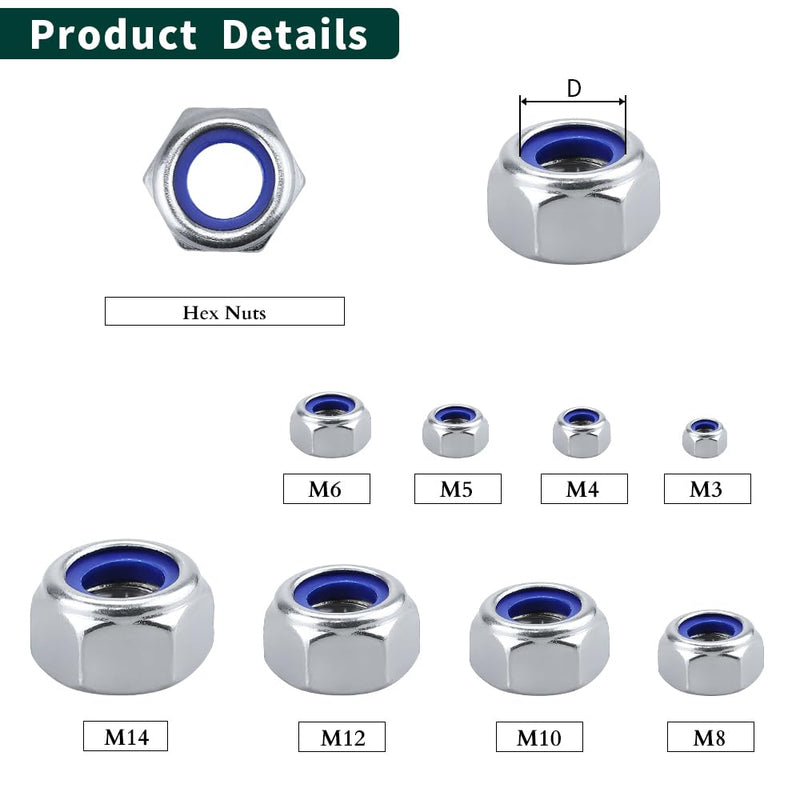 M4-0.7 (100 pcs) Nylon Insert Hex Lock Nuts 304 Stainless Steel 18-8 Locknut, Bright Finish, DIN985 M4-0.7 100