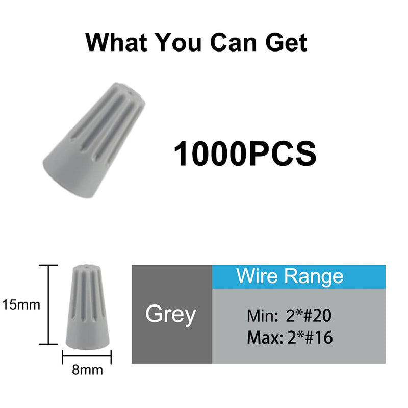 Wire Conectors Nuts,Wire Twist 1000 PCS Grey Electrical Screw Springs Caps Terminals Stainless Assortment Set Wire Connectors AWG 22-12 GREY(AWG 22-12)
