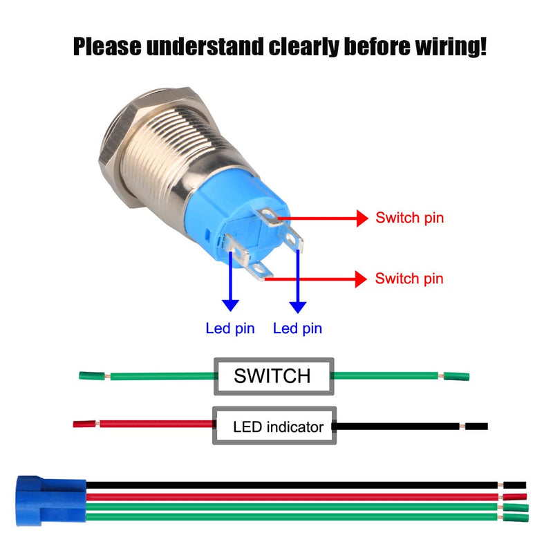 2pcs 0.47"/12mm Stainless Steel Self-locking Latching Push Button Switch 12V-24V 3A Power Symbol LED Normally Open SPST ON Off Waterproof Toggle Switch with Wire Socket Plug (Blue+Red) Blue&Red-Latching