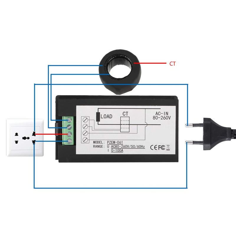 PZEM-061 Digital Power Meter, AC 80-260V 100A LCD Panel, Energy Consumption Monitor with Current, Voltage, Power Measurement, Backlight Display