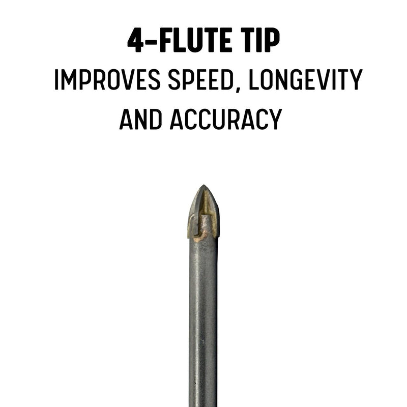 Drill America 5 Piece Carbide Tipped 4 Flute Glass & Tile Drill Bit Set, Sizes 1/8" - 3/8"