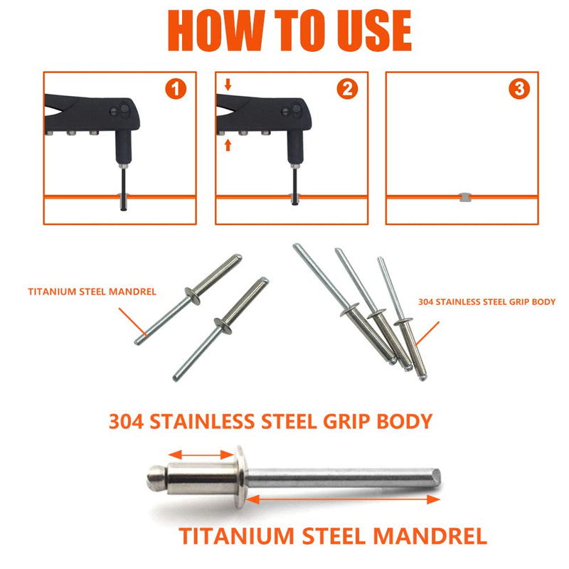 BOTTEN 100 pcs 1/8"x 1/4" Stainless Steel Blind Pop Rivets,3.2 x 6mm Open End Type Pop Rivet Grip Range 1/8-1/4 inch MD005-1/8"x 1/4"