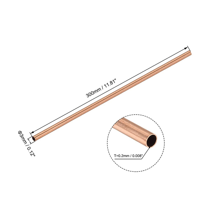 uxcell Copper Round Tube, 3mm OD 0.2mm Wall Thickness 300mm Long Straight Pipe Tubing 2 Pcs 3mm x 0.2mm