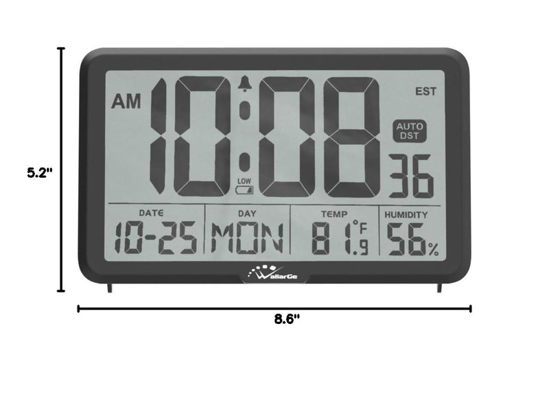 WallarGe Auto Set Digital Wall Clock Battery Operated, Desk Clocks with Temperature, Humidity and Date, Large Display Digital Calendar Alarm Clock for Elderly, Bedroom, Office, 8 Time Zone, Auto DST. Black