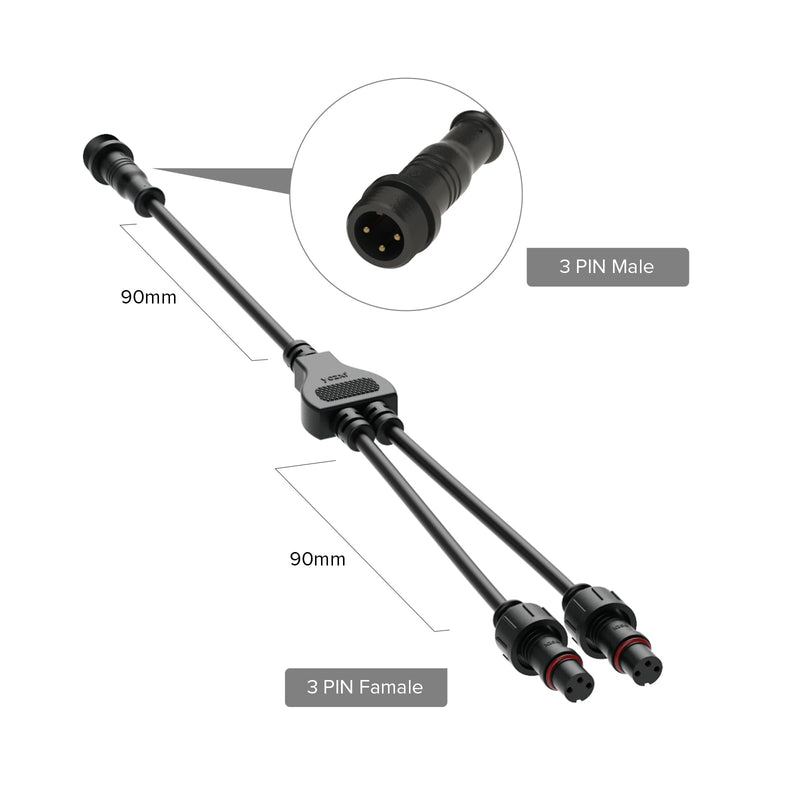 BTF-LIGHTING 3 Core 3 Pin Small Size IP65 Y Shape 1 Male Divided 2 Female Splitter Connector Black Plastics 0.32mm²/22AWG 15mm Nut 1 PCS 1 to 2 Y - NewNest Australia
