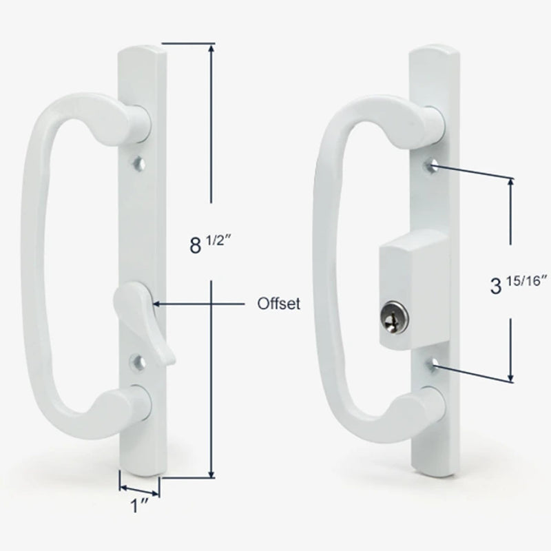 Keyed Sliding Patio Glass Door Handle Set Fits for Truth Legacy & Sash Controls P/N #2265, 45° Keyway w/o Mortise Lock, 3-15/16" Hole Centers, Non-Handed, White Diecast, B Position Offset Position