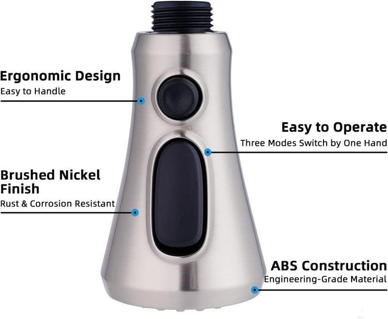 Hibbent Pull Down Spray Head for Kitchen Faucet, 3-Function Sink Spray Nozzle with 15 Adapters, Faucet Head Replacement Compatible with Moen, American Standard, Delta, Kohler Faucets, Brushed Nickel 2.5 Gallon Per Minute