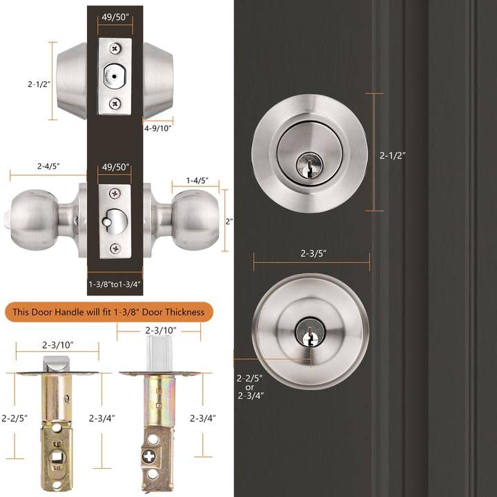 Probrico Satin Nickel Entry Door Knob and Double Cylinder Deadbolt Combo Pack, Keyed on Both Sides, Front Door and Exterior Gate Lockset Hardware 1 Pack Brushed Nickel