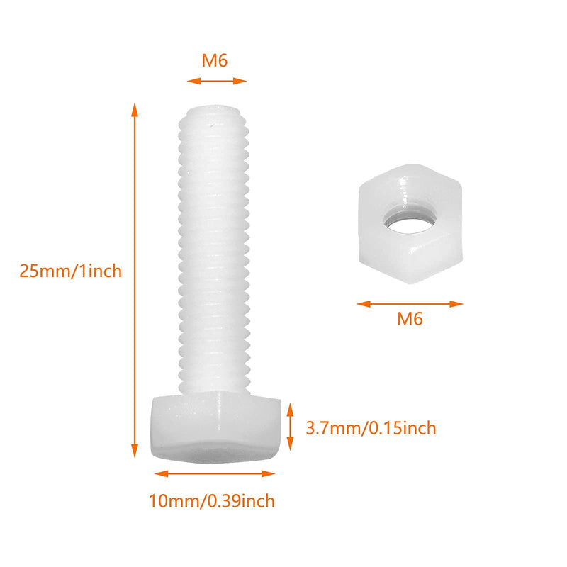 Piutouyar 20 Pair M6x25mm White Nylon Hex Bolts Plastic Hex Nuts Full Thread Hex Head Screws and Nuts Set