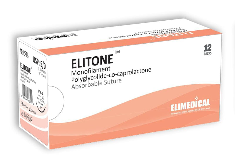 ELITONE Suture with Reverse Cutting Needle, 12 Pack. Sutures for Surgical Wound Training Students, Practice and Educational Use. Polycaprolactone Absorbable Material 5/0 PGCL, 18”, P3, Violet 463PGCL