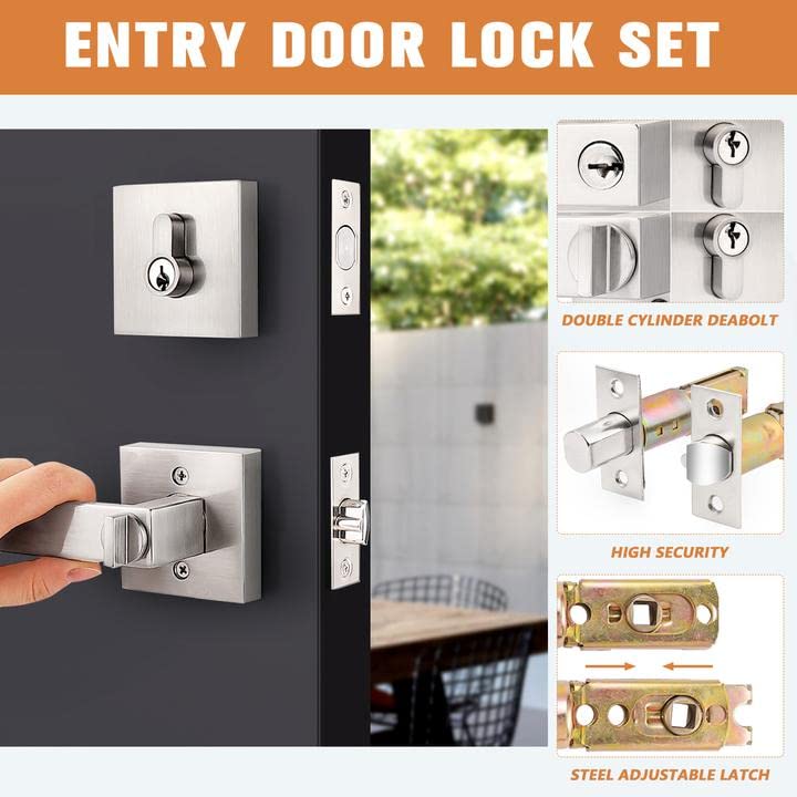 Probrico Square Entrance Lever with Double Cylinder Deadbolt Set Keyed Alike Combo Pack(for Office and Front Door), Heavy Duty Satin Nickel Entry Door Lockset for Right and Left Side, 1 Pack Brushed Nickel
