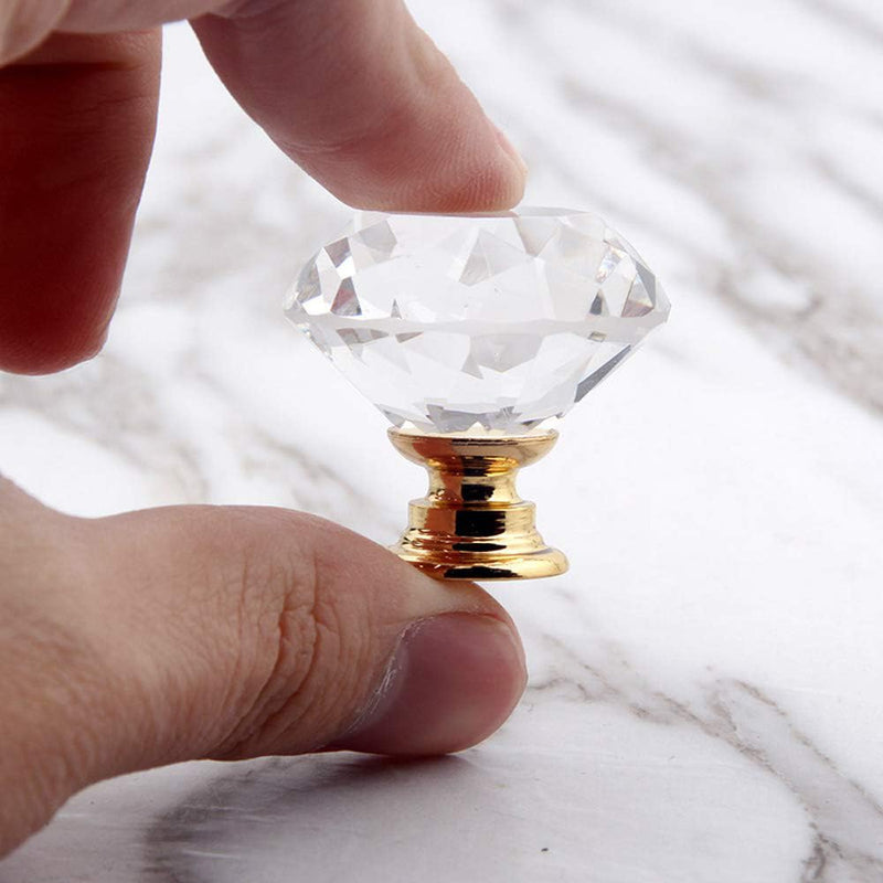 5 Pack Crystal Glass Cabinet Knobs - 30mm Clear Diamond Shape Decorative Gold Base Pulls Handles for Drawer Dresser Kitchen Cabinets Wardrobe Bathroom Vanity Desk (Gold) 5 Pack (Gold)