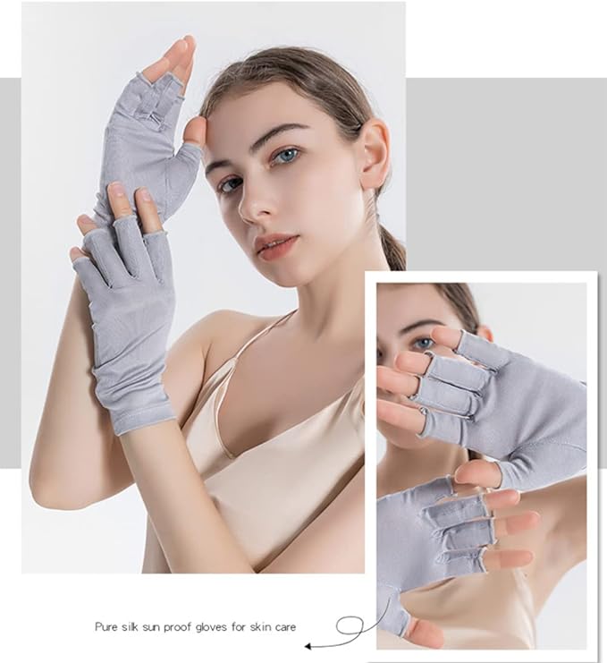 Aiyuga Women's Silk Gloves, For Rough Hands, Sleeping, Fingerless Fingertip Cut, For Sleep, Hand Care, Skin Rough Skin, Sun Protection, Smartphone Compatible, Black and White - NewNest Australia