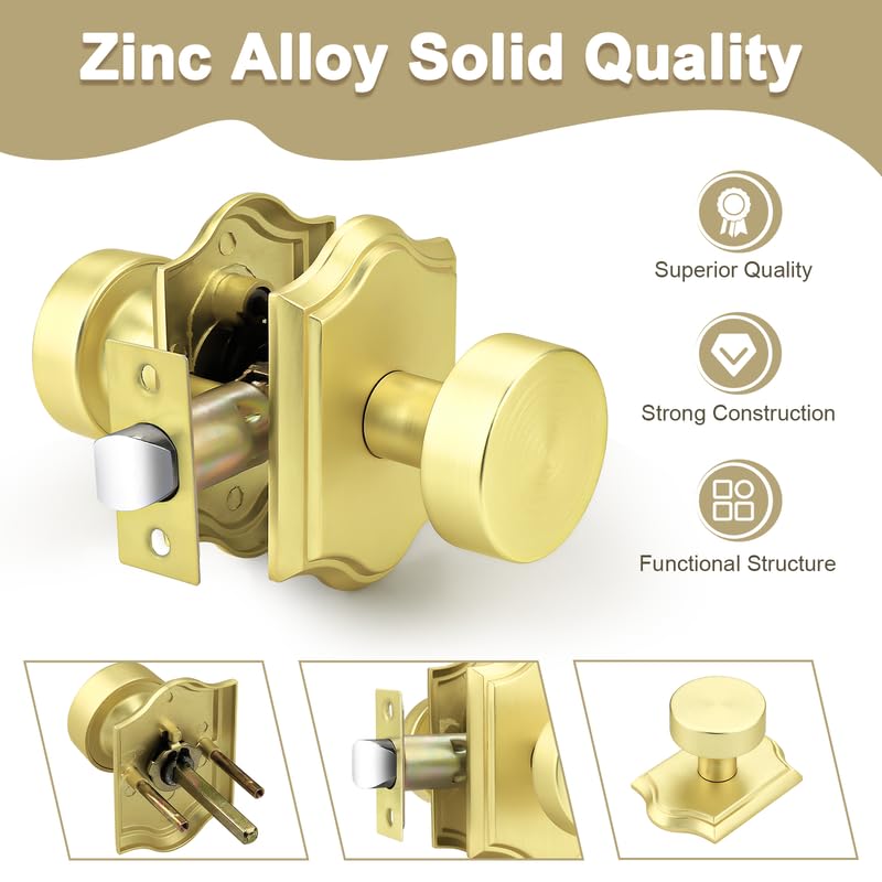 Probrico Brass Door Knobs Interior, Gold Door Handles for Closet/Hallway, Keyless Door Knobs No Lock, 2 Pack Passage-2 Pack