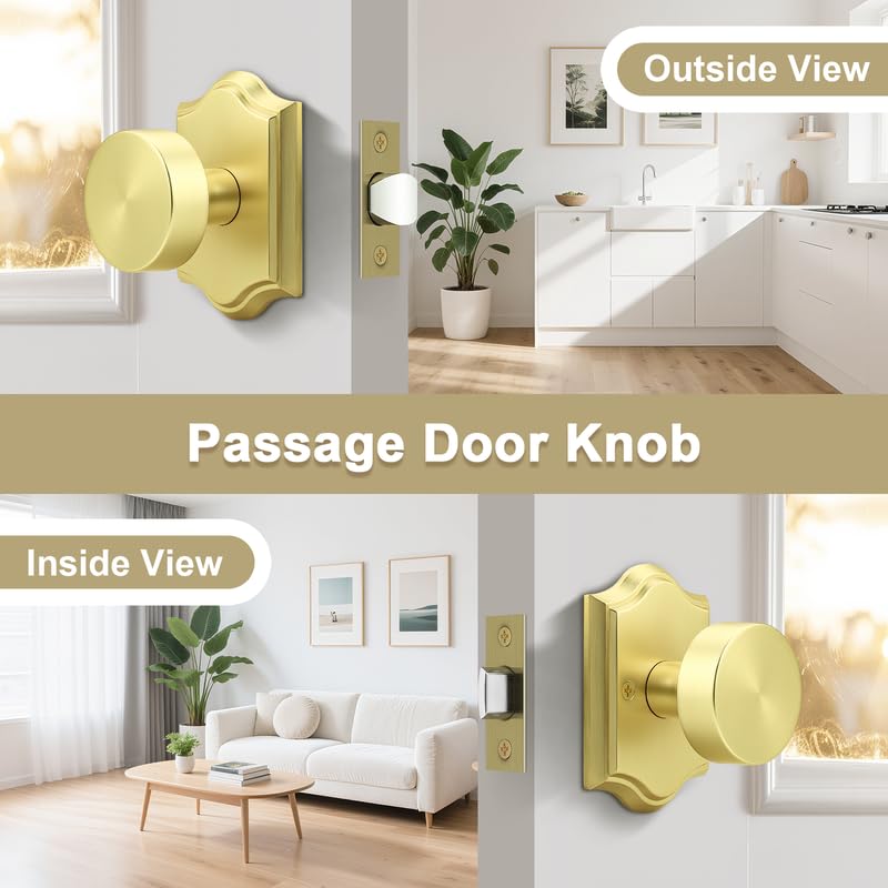 Probrico Brass Door Knobs Interior, Gold Door Handles for Closet/Hallway, Keyless Door Knobs No Lock, 2 Pack Passage-2 Pack