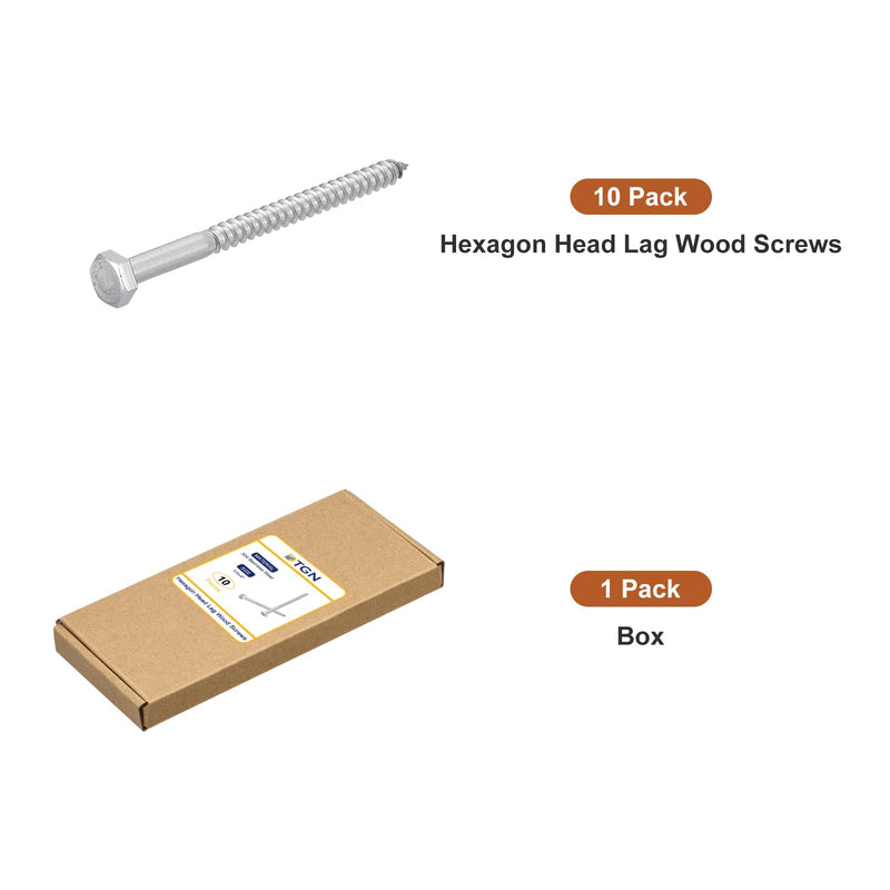 1/4" x 4" Hex Lag Bolts - 10 Pack - for Woodworking, Furniture - 304 Stainless Steel Partial Thread Hexagon Head Lag Screws for Wood - Silver 1/4" x 4"