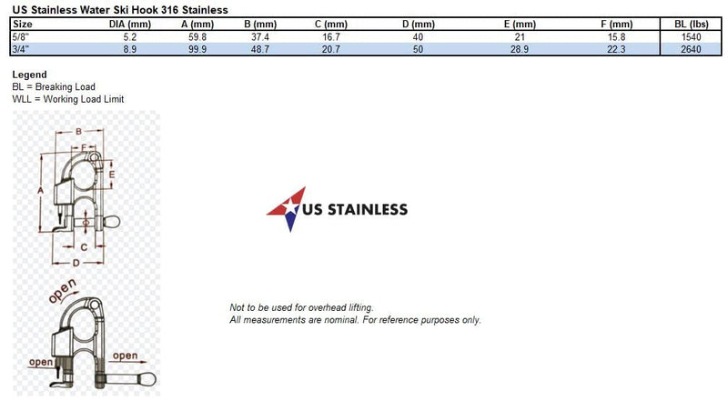 US Stainless Stainless Steel 316 Water Ski Hook 3/4" Marine Grade Quick Release