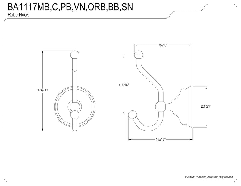 Kingston Brass BAK1117MB Victorian 2-Piece Robe Hook, Matte Black, 4.31 x 2.75 x 5.44