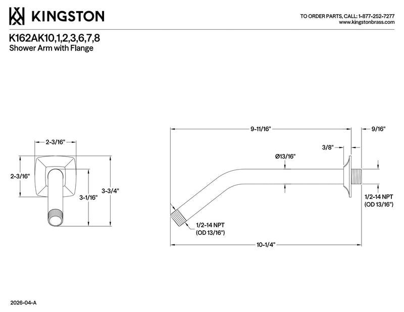 Kingston K162AK18 Gehry Shower Arm with Square Flange, Brushed Nickel 10-1/4" (L) x 2-3/16" (W) x 3-3/4" (H)