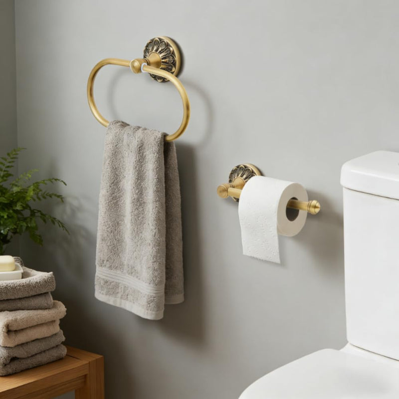 Antique Brass Bathroom Accessories, Solid Copper Towel Ring & Paper Holder, Vintage Wall Mount Hardware with Antique Bronze Finish (Single or Set) (Towel Ring + Paper Holder Set (2-Piece)) Towel Ring + Paper Holder Set (2-Piece))