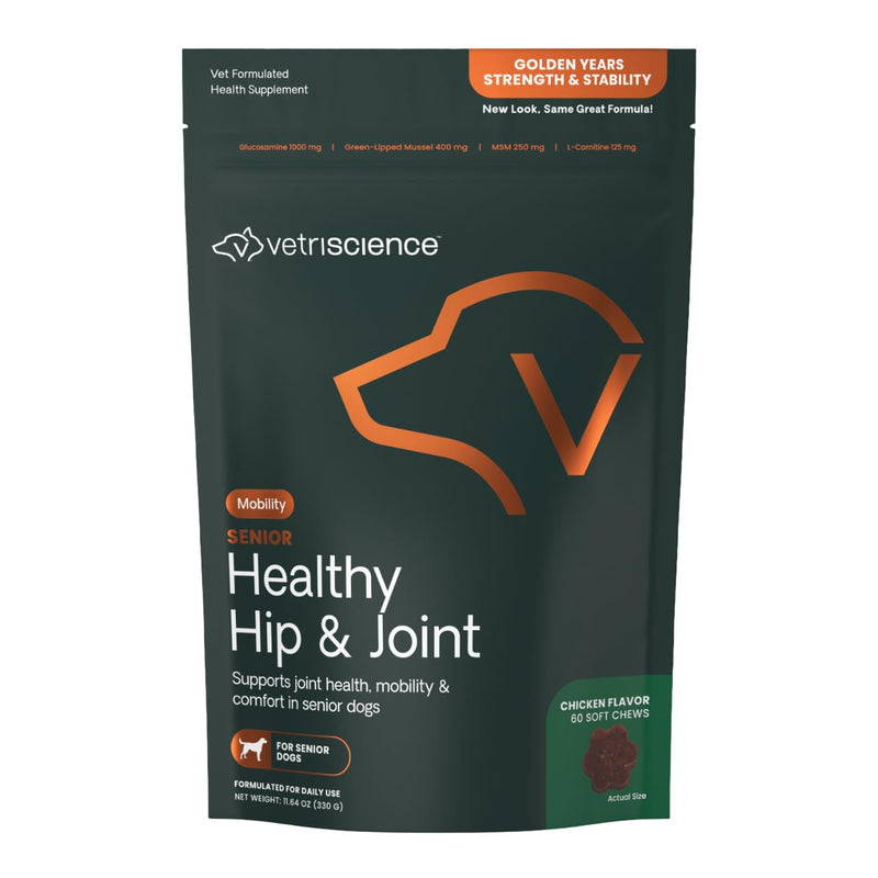VetriScience Senior Healthy Hip & Joint Soft Chews, GlycoFlex Glucosamine, Green-Lipped Mussel, and Carnitine Joint Supplement for Dogs, Chicken, 120 Count SENIOR - Hip & Joint 120 Chews