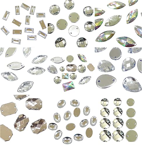 Perlin Rhinestone Gems for Sewing 2 Holes Buttons 100 Pieces Crystal Acrylic Stones Flat Back Faceted Mixed Shapes Set Crystal and Crystal AB Sewing Buttons