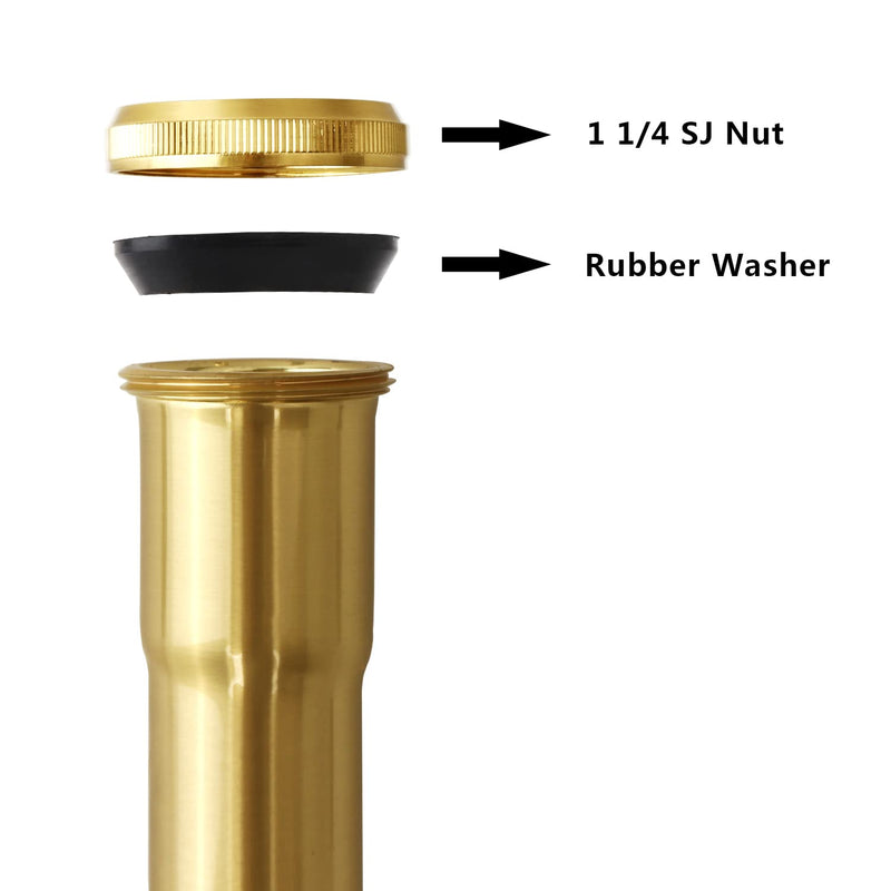 Brass Slip Joint Extension Tube，1-1/4 Inch O.D x 12 Inch P Trap Extension Pipe with Nut and Rubber Washer, Sink Drain Tailpiece (Brushed Gold) Brushed Gold