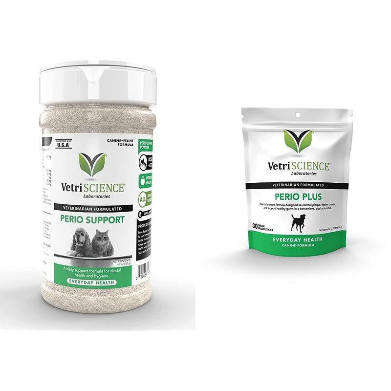 VetriScience Perio Support Teeth Cleaning Dental Powder for Dogs and Cats, Up to 192 Servings & Perio Plus Dental Sticks for Dogs, 30 Sticks Perio Powder & Dental Sticks Bundle