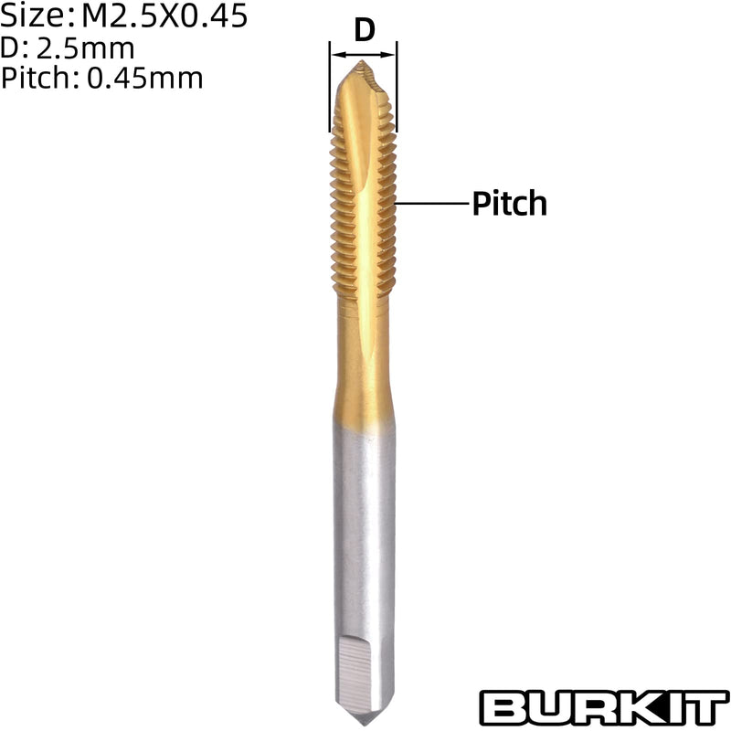 Burkit 2pcs M2.5 Spiral Point Tap, HSS Titanium coating M2.5 x 0.45 Spiral Point Plug Threading Tap Spiral Point Tap Ti-co