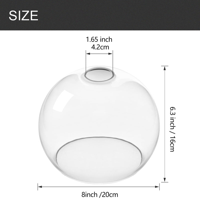Fixture Replacement Globe Shade with 1.65 Inch Fitter, 8 Inch Diameter, E26 Base 1-5/8 Inch Fitter, Glass Lampshade Cover for Pendant Wall Sconce Chandelier Vanity Light (Clear) Clear