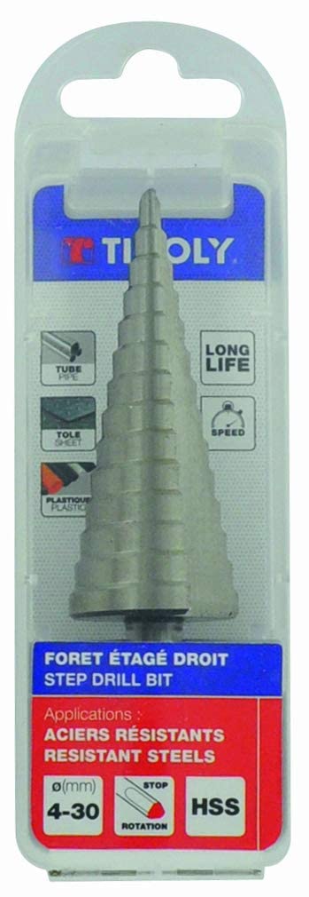 TIVOLY - HSS Step Cone Drill Bit with Straight Flutes 5/16" > 1 3/16"- Drilling Steels and Plastics - Self-Centering Tip