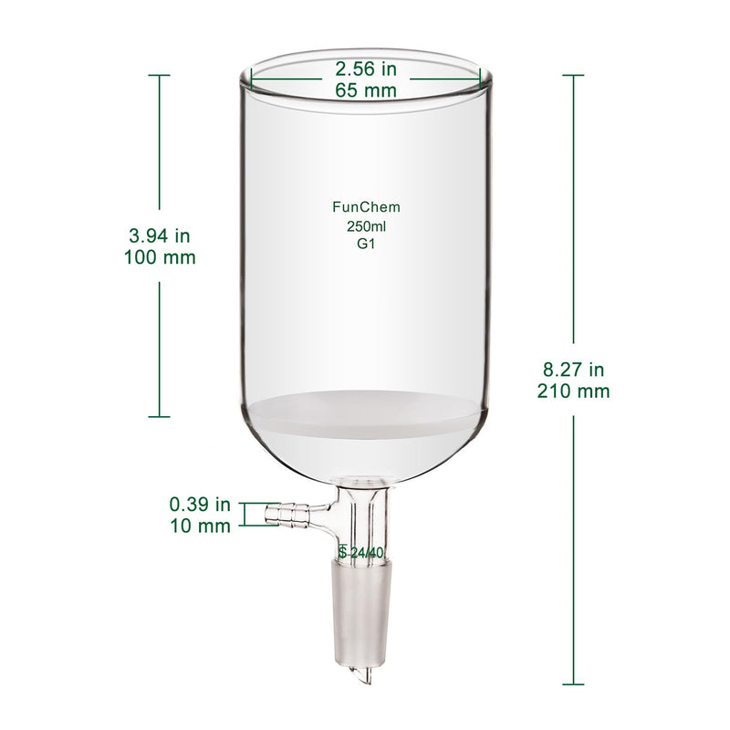 FunChem Filtering Buchner Funnel with Coarse Frit (G1), Borosilicate Glass Filtering Funnel with 24/40 Standard Taper Inner Joint and Vacuum Serrated Tubulation, 250 mL 250.0 Milliliters Round 1 YQ-BuchnerFilter-G1-Vac