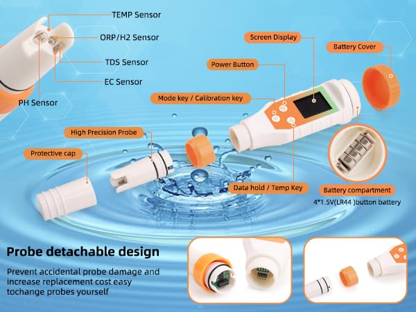 7-in-1 Digital Water Quality Tester - ph Meter, pH TDS EC ORP Salt Temperature Meter, Portable Testing Kit with Digital Display orange color-1