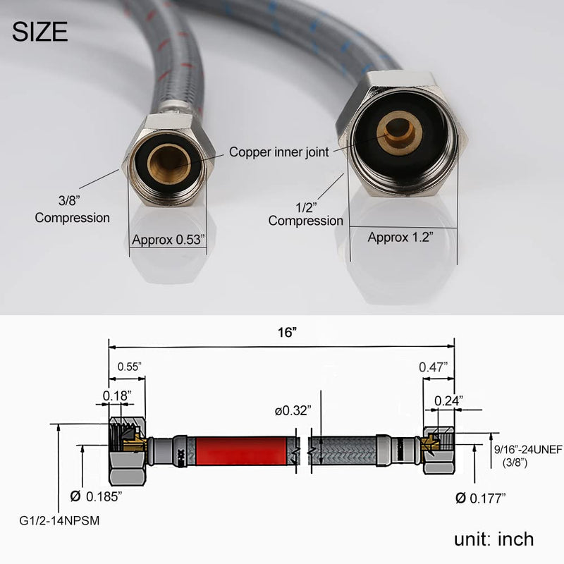 WOWOW 16 Inch Faucet Supply Hose Faucet Line Braided Nylon Sink Faucet Supply Line 3/8" Comp x 1/2" Comp 2Pcs (1 Pair)