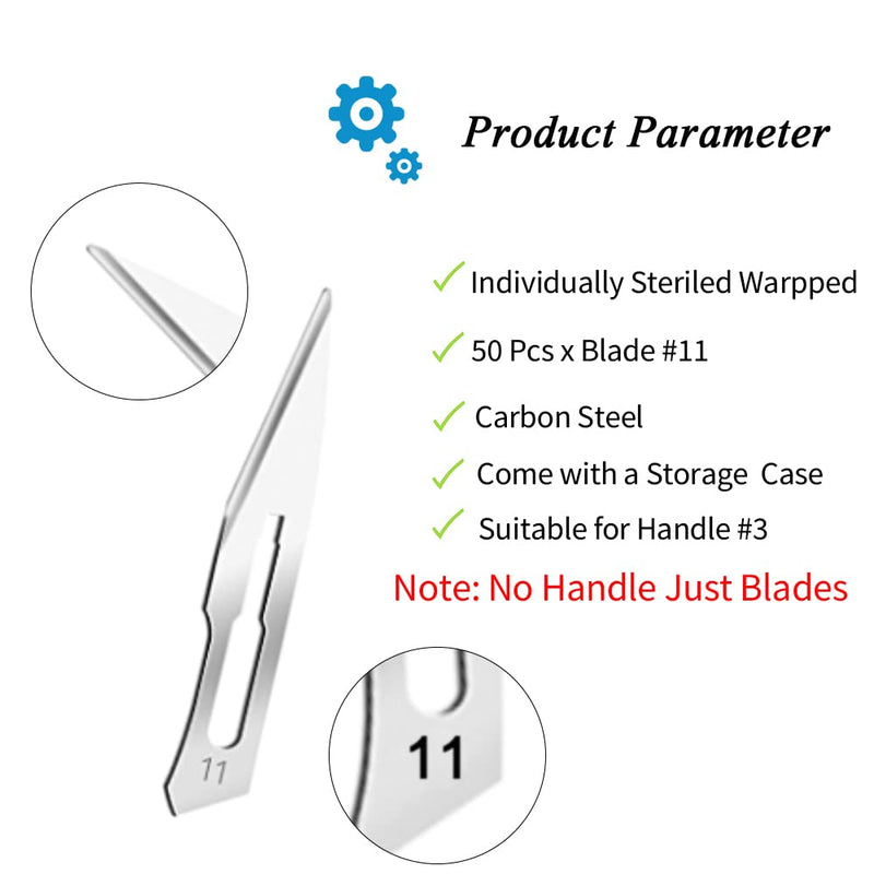Surgical Grade Blades #11 50pcs Sterile Scalpel Blades Individually Wrapped, with Storage Case, for Biology Lab Anatomy, Practicing Cutting, Medical Student, Sculpting, Repairing (#11, 50)