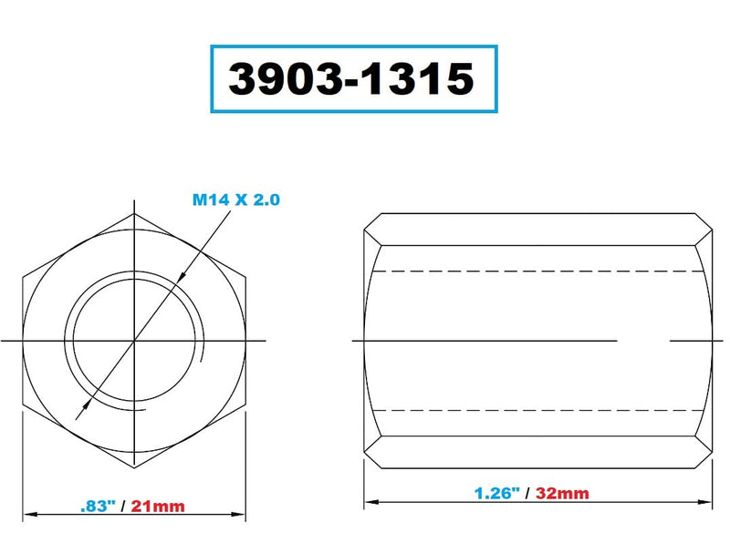 Vertex 3903-1315 M14 X 2 32mm Long Coupling Nut M14 x 2.0 Thread