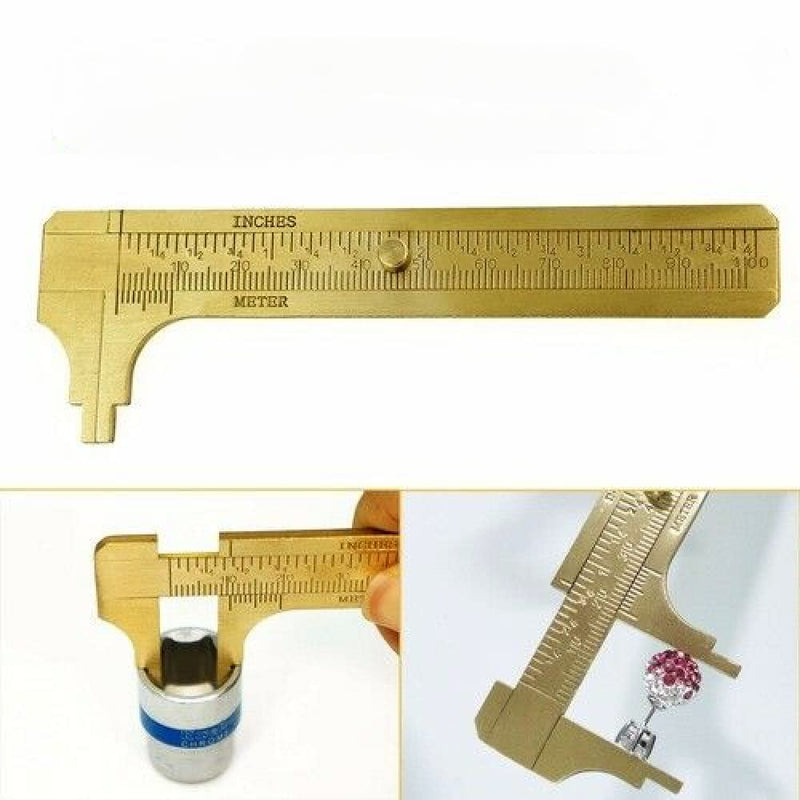 100mm (3.94in) Easy Sliding Gauge Brass Vernier Caliper Ruler Measuring Tool Double Scales mm/inch Mini Brass Pocket Ruler 100mm