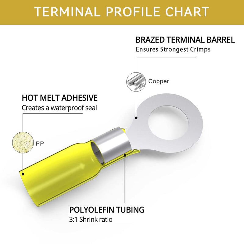HKS 100PCS Heat Shrink Ring Terminals -Yellow 12-10 AWG - Tinned Red Copper 1.0mm 4 Sizes #10,1/4",5/16",3/8" - Marine Electrical Wire Connector Kit - Waterproof and Insulated Crimp Terminals Set Yellow Ring Terminal