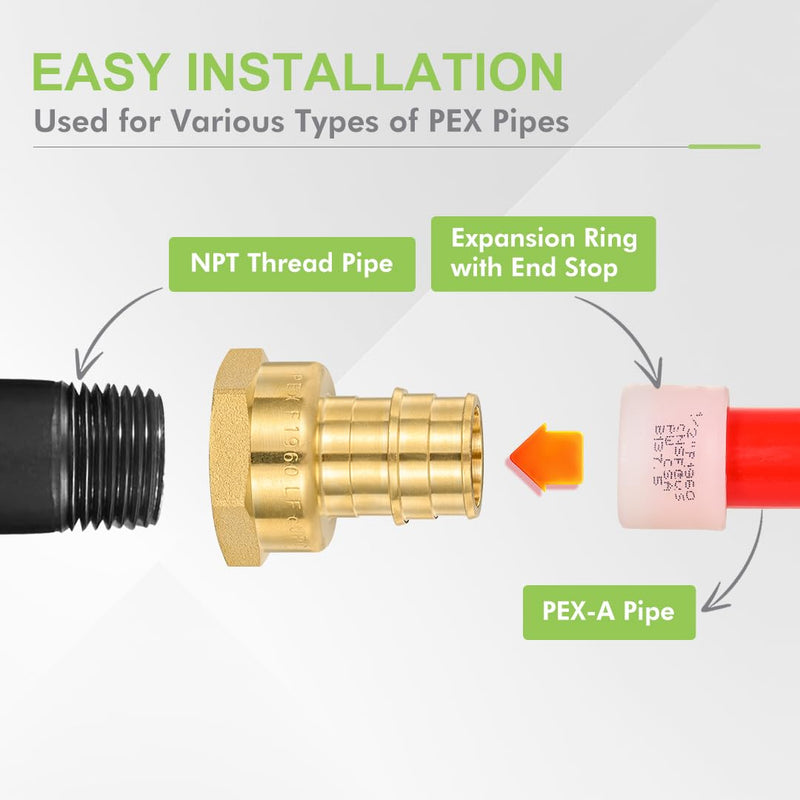 10 Pack Brass Expansion Female Adapter Fittings, 3/4 Inch Female NPT to 3/4 Inch PEX-A Brass Expansion PEX-A Fittings,NSF/ANSI 61 NSF 372 Certificate, ASTM F1960 Certified 3/4"Pex-A x 3/4"FIP-10Pack