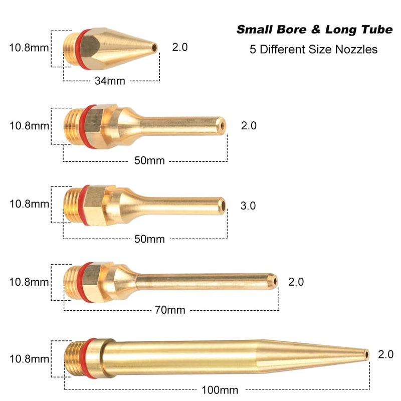 5Pcs Glue Gun Copper Nozzle Hot Glue Gun Tips with O-ring, Small Bore Long Tube Nozzles Thread Interchangeable Nozzle Set for Hot Melting Glue Gun Accessories 2.0x(34/50/70/100mm)+3.0x50mm
