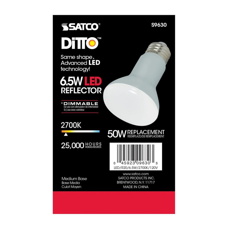 Satco 6.5 Watt LED Reflector Light Bulb; R20; 2700K Warm White; 525 Lumen; 120 Volts; Dimmable (6 LED Light Bulbs)
