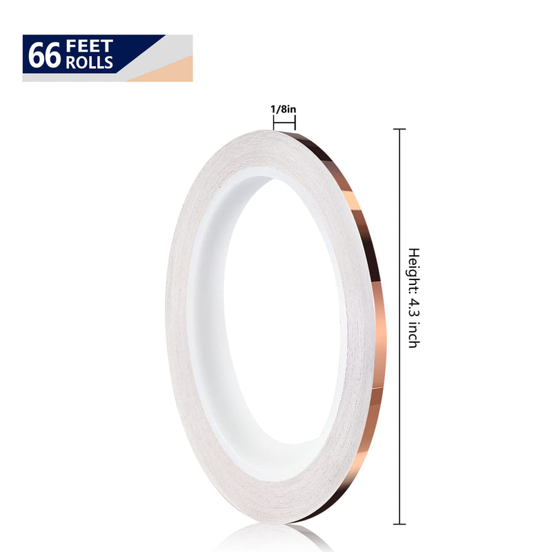 Copper Foil Tape Multi-Sizes with Conductive Adhesive, Double-Sided Conductive Copper Tape for Soldering Guitar EMI Shielding Electrical Repairs Home Decor Crafts Garden 1/8inchx 66ft