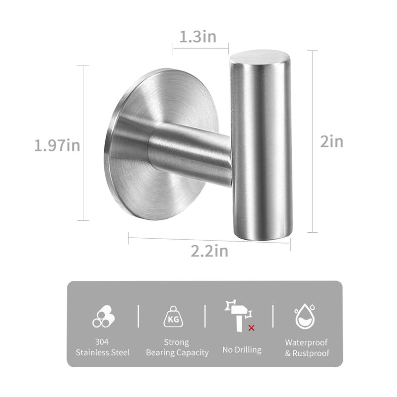 Vuzvuv Adhesive Hooks Brushed Nickel SUS304 Stainless Steel Towel Hooks Heavy Duty Waterproof Wall Hooks Self Adhesive Coat Robe Towel Hooks for Bathrooms Kitchen Hotel Wall Mounted Hooks - 2 Pack Silver-2 Pcs