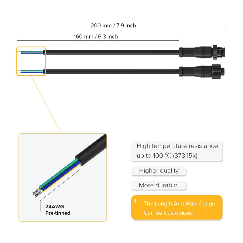 BTF-LIGHTING 4 Pin Electrical Metal nut Connector 20AWG IP68 Male Female Connector 7.87in/20cm Extension Cable for Car,Truck,Boat,Indoor/Outdoor LED Strip Lights/String 15mm Metal Nut Small Size 1to1 4 Pin Small Size