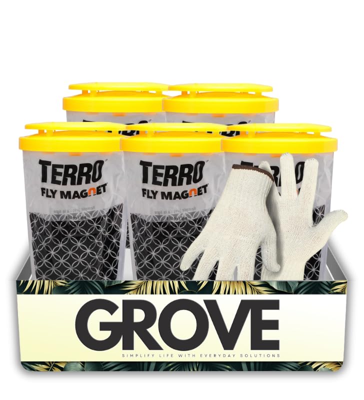 5X TERRO Fly Magnet Disposable Fly Trap 1 pk Bundle with Work Gloves – Outdoor Trap attracts and captures Common Flies; Simple Setup with no-Mess Disposal After use – Gift Set (6 Items)