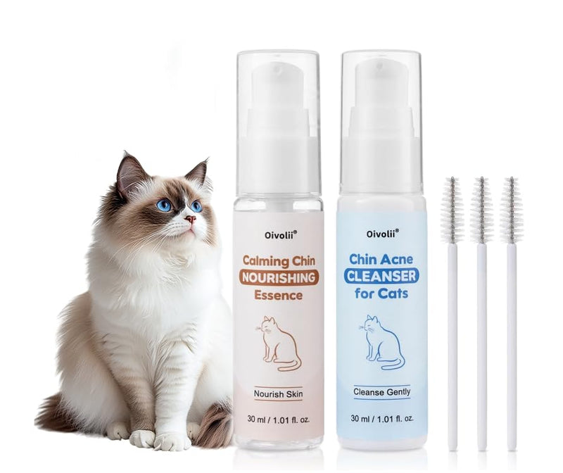 Cat Chin Care Kit – Feline Acne Treatment Set with Cleanser, Nourishing Serum & Soft Brush – Removes Blackheads, Soothes & Repairs Skin – Safe, Gentle & Vet Recommended